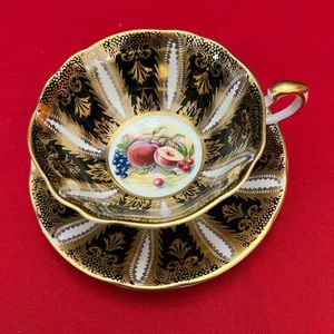 Vintage Paragon Tea Cup and Saucer Black and gold painted Orchard fruits